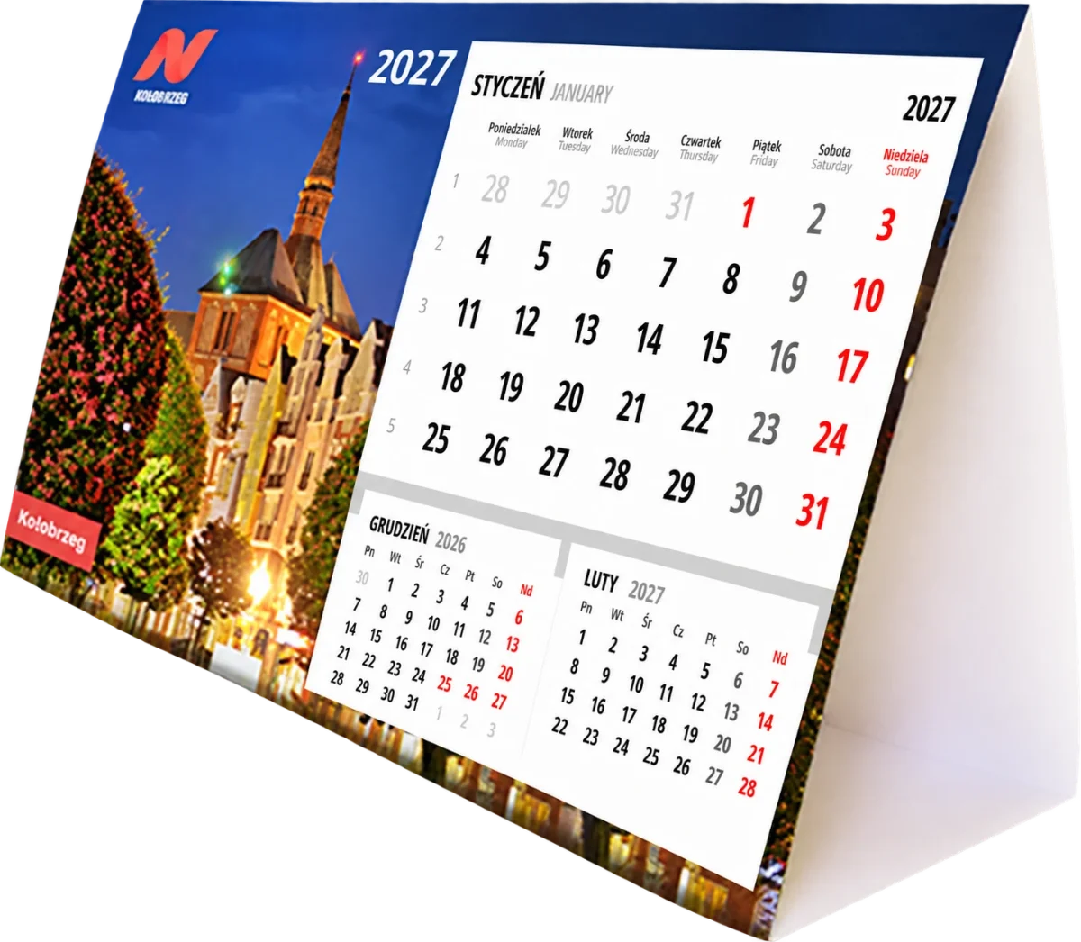 Wizualizacja kalendarza biurkowego piramidki 2027 z logo firmy