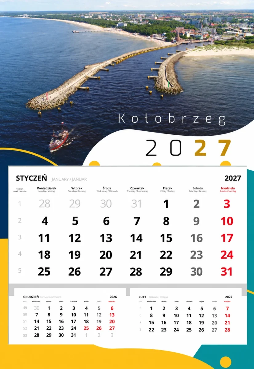 Wizualizacja kalendarza ściennego jednodzielnego 2027 z własną grafiką
